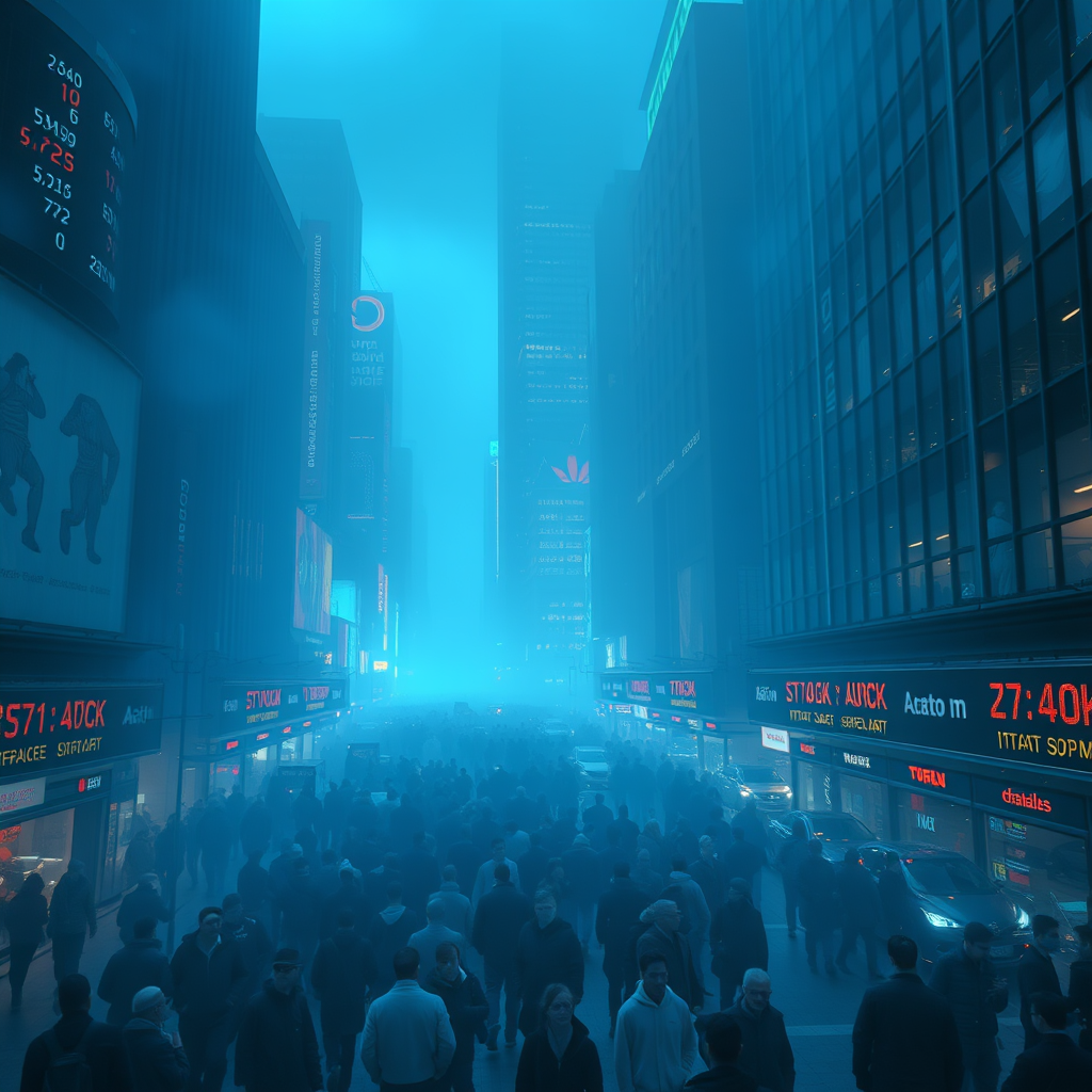 crowded stock market in blue haze